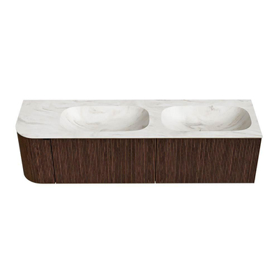 MONDIAZ KURVE-DLUX Meuble de salle de bains 165 cm avec module 25 L couleur Walnut avec 2 tiroirs et 1 porte. Plan-vasque STOR SMALL double / droite 2 trous de robinet couleur Ostra.
