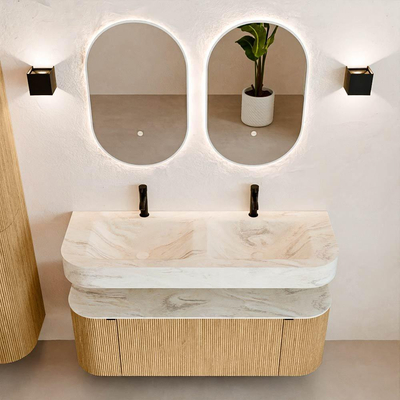 MONDIAZ THOR-DLUX 130cm badmeubel ronding links + rechts kleur Oak met 1 lade en 2 deuren. Vrijhangende wastafel CLOUD Dubbel 2 kraangaten kleur Ostra.