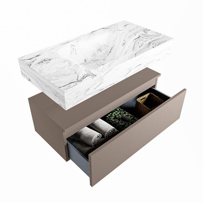 Mondiaz ALAN-DLUX Ensemble de meuble - 90cm - meuble Smoke mat - 1 tiroir - Lavabo Cloud Glace suspendu - vasque Centre - 1 trou de robinet