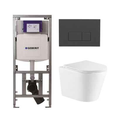 QeramiQ Dely Toiletset - 36.3x51.7cm - diepspoel - rimless - Geberit UP320 inbouwreservoir - met Burda frame - softclose toiletzitting - bedieningsplaat antraciet mat - rechthoekige knoppen - wit mat