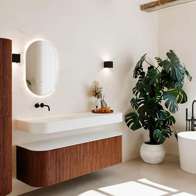 MONDIAZ THOR Meuble de salle de bains 150cm arrondi gauche + droite couleur Ruby avec 1 tiroir et 2 portes. Vasque suspendue CLOUD Gauche sans trou de robinet couleur Talc.