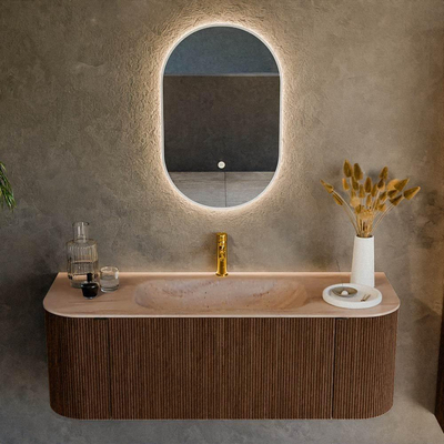 MONDIAZ KURVE-DLUX 130cm badmeubel ronding Links + Rechts kleur Walnut met 1 lade en 2 deuren. Wastafel BIG SMALL Midden 1 kraangat Saba.