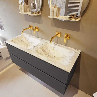 Mondiaz VICA-DLUX ensemble de meuble de salle de bain - 120cm - meuble sous-vasque gris foncé - 2 tiroirs - lavabo encastré cloud double - sans trous de robinet - version haute de 60cm - glace