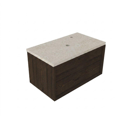 Saniclass Holz Frame Ensemble meuble salle de bains - 80x45x43cm - Plateau en pierre naturelle travertin - 1 trou de robinetterie - 1 tiroir - chêne charcoal mat (bois)