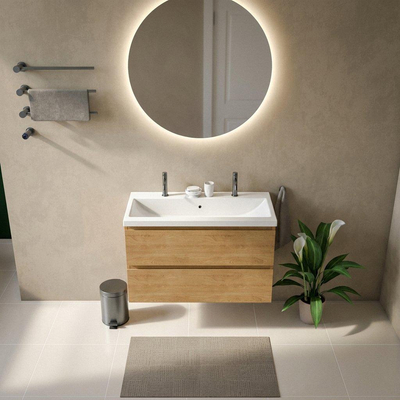 Saniclass Holz Pure Ensemble de meubles de salle de bains - 100x45x63.5cm - Lavabo Bari en céramique blanc - 1 vasque - 2 trous de robinetterie - 2 tiroirs - chêne naturel mat (bois)