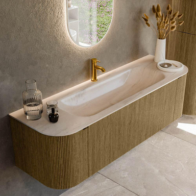 MONDIAZ KURVE-DLUX 150cm badmeubel ronding Links + Rechts kleur Dusk met 1 lade en 2 deuren. Wastafel BIG MEDIUM Midden 1 kraangat Meli.