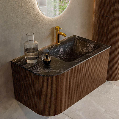 MONDIAZ KURVE-DLUX 85cm badmeubel met module 25 L kleur Walnut met 1 lade en 1 deur. Wastafel CLOUD rechts 1 kraangat kleur Lava.