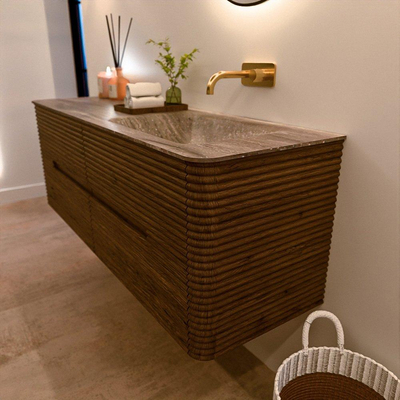 Mondiaz CIRO-DLUX Badkamermeubelset - 140x45x50cm - Solid surface wastafel Oza - 1 wasbak Rechts - zonder kraangaten - 4 lades - Dusk