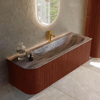 MONDIAZ KURVE-DLUX Meuble de salle de bains 135cm arrondi à gauche couleur Ruby avec 1 tiroir et 1 porte. Lavabo BIG MEDIUM à droite 1 trou de robinet Oza.
