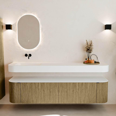 MONDIAZ THOR 190cm meuble de salle de bains arrondi gauche + droite couleur Dusk avec 2 tiroirs et 2 portes. Vasque suspendue CLOUD Gauche sans trou de robinet couleur Talc.