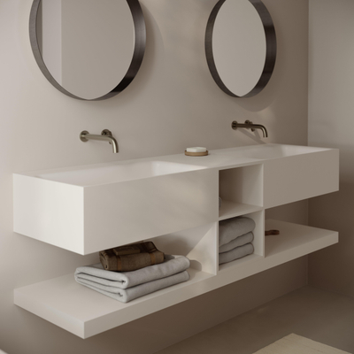 Ideavit Solidtetris Vrijhangende Wastafel - 150x40x45 - solid surface - 2 wasbakken - 2 opbervakken - wit mat