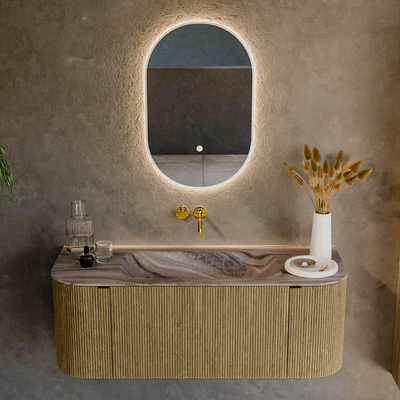 MONDIAZ KURVE-DLUX Meuble de salle de bains 120cm arrondi Gauche + Droite couleur Dusk avec 1 tiroir et 2 portes. Lavabo BIG SMALL Milieu sans trou de robinet Sombra.