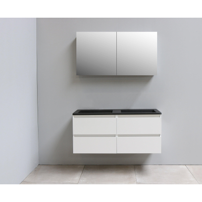 Basic Bella Meuble salle de bains avec lavabo acrylique Noir avec armoire toilette 2 portes gris 120x55x46cm sans trous de robinet Blanc brillant