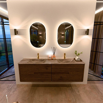 Mondiaz CIRO-DLUX Badkamermeubelset - 170x45x50cm - Solid surface wastafel Oza - 2 wasbak Dubbel - 2 kraangaten - 4 lades - Dusk