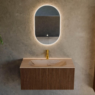 MONDIAZ KURVE-DLUX Meuble de salle de bains 90cm couleur Walnut avec 1 tiroir et 0 portes. Vasque BIG SMALL Milieu 1 trou de robinet Arena.