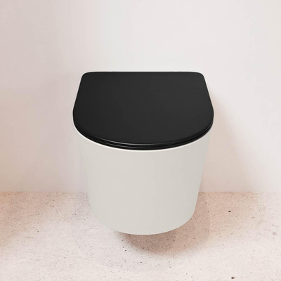 Mondiaz LAVIE hangtoilet – spoelrandloos – 36 x 53 cm – met softclose zitting – Linen (offwhite), zitting Urban (zwart)