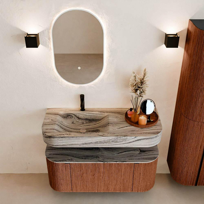 MONDIAZ THOR-DLUX Meuble de salle de bains 110cm arrondi gauche + droite couleur Ruby avec 1 tiroir et 2 portes. Vasque suspendue CLOUD Gauche 1 trou de robinet couleur Sombra.