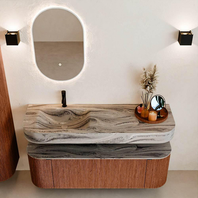 MONDIAZ THOR-DLUX 140cm meuble de salle de bains arrondi gauche + droite couleur Ruby avec 1 tiroir et 2 portes. Vasque suspendue CLOUD Gauche 1 trou de robinet couleur Sombra.