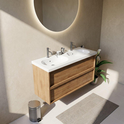 Saniclass Holz Frame Ensemble meuble de salle de bains - 120x45x63.5cm - Lavabo en céramique Palermo blanc - 2 vasques - 2 trous de robinet - 2 tiroirs - chêne natural mat (bois)