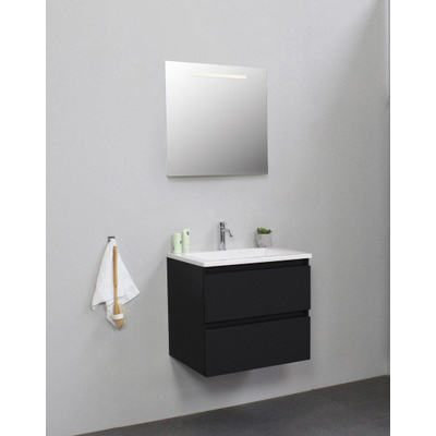 Basic Bella Meuble lavabo acrylique avec 1 trou de robinet avec miroir avec éclairage 60x55x46cm Flat Pack Noir mat