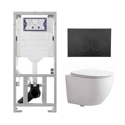 Pack WC QeramiQ Dely Swirl Compact - réservoir encastrable Geberit UP320 - avec bâti-support Burda - abattant 25 mm - plaque de commande en plastique noir mat - boutons ronds - blanc brillant