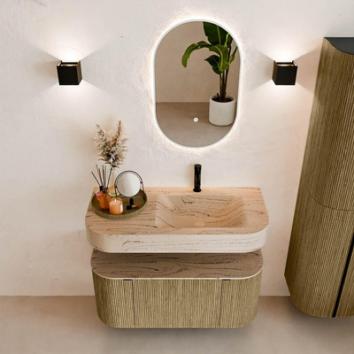 MONDIAZ THOR-DLUX 100cm meuble de salle de bains arrondi gauche + droite couleur Dusk avec 1 tiroir et 2 portes. Vasque suspendue CLOUD Droite 1 trou de robinet couleur Arena.