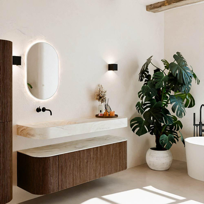 MONDIAZ THOR-DLUX 150cm meuble de salle de bains arrondi gauche + droite couleur Walnut avec 1 tiroir et 2 portes. Vasque suspendue CLOUD Gauche sans trou de robinet couleur Ostra.