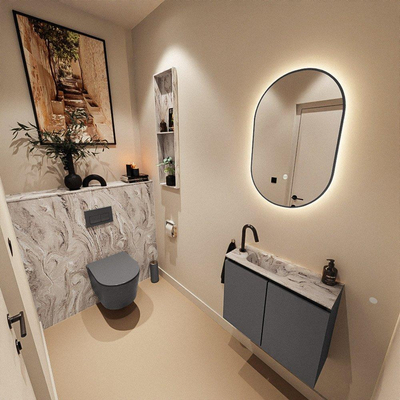 MONDIAZ TURE-DLUX Meuble toilette - 60cm - Dark Grey - EDEN - vasque Glace - position gauche - 1 trou de robinet