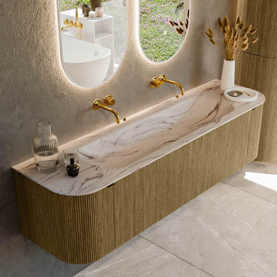 MONDIAZ KURVE-DLUX Meuble de salle de bains 170cm arrondi Gauche + Droite couleur Dusk avec 1 tiroir et 2 portes. Lavabo BIG LARGE Central sans trou de robinet Nata.