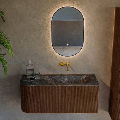MONDIAZ KURVE-DLUX 105cm badmeubel met module 25 L kleur Walnut met 1 lade en 1 deur. Wastafel BIG SMALL rechts zonder kraangat kleur Lava.