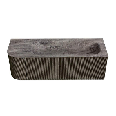MONDIAZ KURVE-DLUX 135cm badmeubel ronding Links kleur Shadow met 1 lade en 1 deur. Wastafel BIG MEDIUM Rechts 1 kraangat Oza.