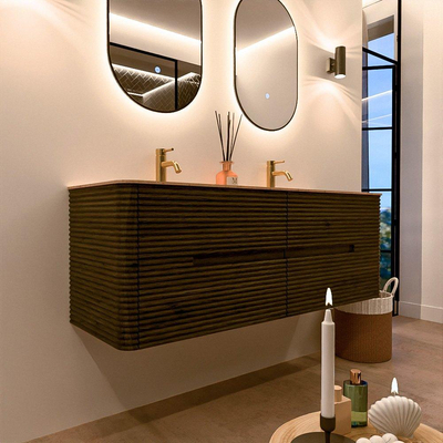 Mondiaz CIRO-DLUX Badkamermeubelset - 140x45x50cm - Solid surface wastafel Saba - 2 wasbak Dubbel - 2 kraangaten - 4 lades - Shadow