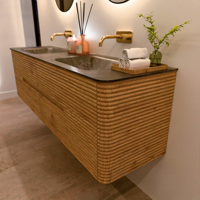 Mondiaz CIRO-DLUX Badkamermeubelset - 170x45x50cm - Solid surface wastafel Lava - 2 wasbak Dubbel - zonder kraangaten - 4 lades - Oak