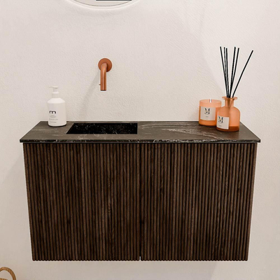 Mondiaz JOYA-DLUX 70cm toiletmeubel - kleur Walnut - Wastafel FAYE positie Links Zonder kraangat kleur Lava.