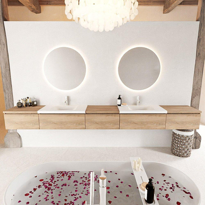 MONDIAZ BUKLA meuble de salle de bain 340cm avec module 60 couleur Chêne blanchi avec 5 tiroirs. Lavabo CLOUD double 2 trous de robinet couleur Talc.