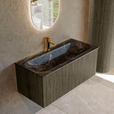 Mondiaz KURVE-DLUX Badkamermeubelset - 100x46x40cm - 1 lade - wastafel solid surface - midden - 1 kraangat - Shadow