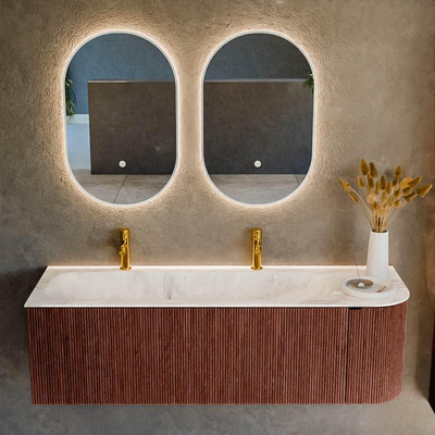 Mondiaz KURVE-DLUX Badkamermeubelset - 145x46x40cm - 1 lade - 1 deur - wastafel solid surface - links - 2 kraangaten - Ruby