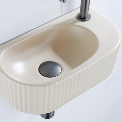 QeramiQ Fuente Ensemble de lavabo - 40x21.5x12cm - droite - nervuré - demi-rond - 1 trou de robinet - céramique - robinet de lavabo gunmetal - bouchon de vidange - siphon abaissé - beige