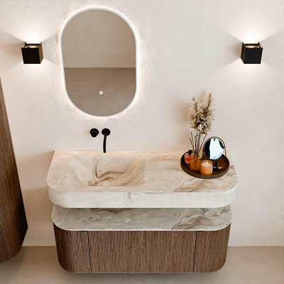 MONDIAZ THOR-DLUX 120cm meuble de salle de bains arrondi gauche + droite couleur Walnut avec 1 tiroir et 2 portes. Vasque suspendue CLOUD Gauche sans trou de robinet couleur Frappe.