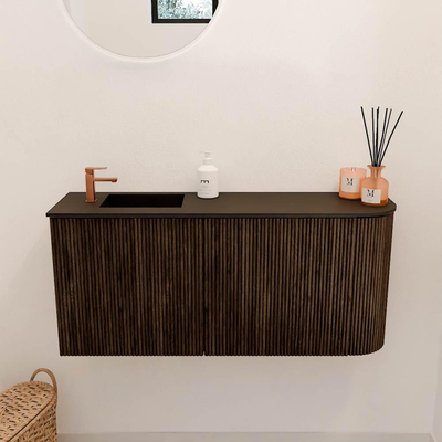 Mondiaz JOYA 91.6cm toiletmeubel - ronding rechts kleur Walnut - Wastafel FAYE positie Links 1 kraangat kleur Urban.
