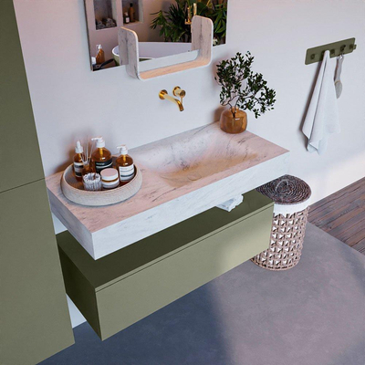 MONDIAZ ALAN - DLUX Ensemble de meuble de salle de bains - 100cm - meuble bas - Army - 1 tiroir - lavabo suspendu - vasque à droite - 0 trous de robinet - Opalo