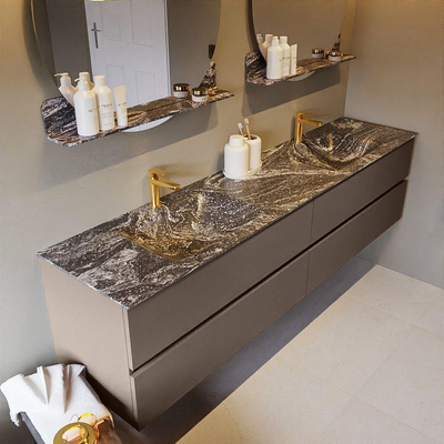 Mondiaz VICA-DLUX ensemble de meuble de salle de bain - 200cm - meuble sous-vasque fumée - 4 tiroirs - lavabo encastré nuage double - 2 trous de robinet - version haute de 60cm - lave