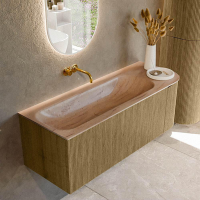 MONDIAZ KURVE-DLUX meuble de salle de bains 125cm arrondi à droite couleur Dusk avec 1 tiroir et 1 porte. Lavabo BIG MEDIUM à gauche sans trou de robinet Saba.