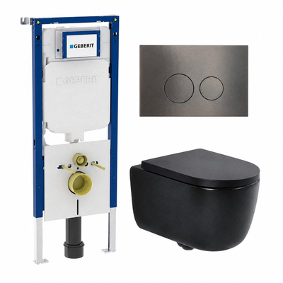 QeramiQ Dely Swirl Toiletset - 36.3x51.7cm - Geberit UP720 Duofix Sigma inbouwreservoir - 35mm zitting - bedieningsplaat gunmetal - ronde knoppen - mat zwart