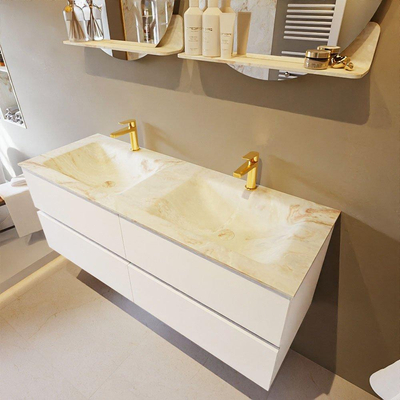 Mondiaz VICA-DLUX ensemble de meuble de salle de bain - 130cm - meuble sous lavabo talc - 4 tiroirs - lavabo encastré cloud double - 2 trous de robinet - version haute de 60cm - frape