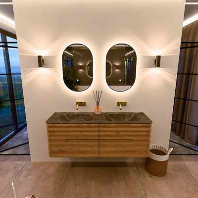 Mondiaz CIRO-DLUX Ensemble de meubles de salle de bains - 140x45x50cm - vasque solid surface Lava - 2 bacs Double - sans trous de robinet - 4 tiroirs - Chêne