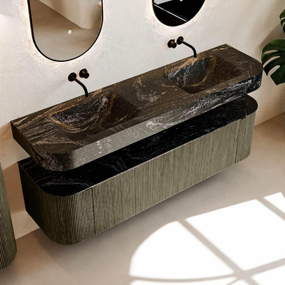 MONDIAZ THOR-DLUX Meuble de salle de bains 170cm arrondi gauche + droite couleur Shadow avec 1 tiroir et 2 portes. Vasque suspendue CLOUD Double sans trou de robinet couleur Lava.