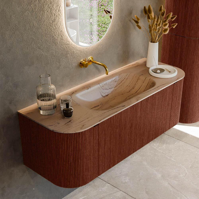 MONDIAZ KURVE-DLUX Meuble de salle de bains 130cm arrondi gauche + droite couleur Ruby avec 1 tiroir et 2 portes. Lavabo BIG SMALL central sans trou de robinet Arena.