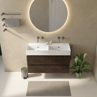 Saniclass Holz Pure Ensemble meuble de salle de bains - 120x45x72cm - Legend lavabo en céramique blanc - 2 vasques - sans trous de robinetterie - 4 tiroirs - chêne charcoal mat (bois)