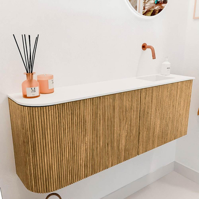 Mondiaz JOYA 111.6cm toiletmeubel - ronding links kleur Oak - Wastafel FAYE positie Rechts Zonder kraangat kleur Talc.